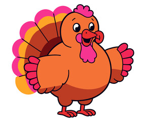 A simple, cute, and chunky cartoon illustration of a Thanksgiving turkey, featuring a pink neck and head, and bright orange, yellow, and magenta tail feathers.