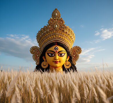 Goddess Durga Emerging in a Field of Kaash Flowers