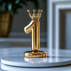 Stunning golden number one trophy with regal crown symbolizes achievement, success, and top ranking in business or competitions.