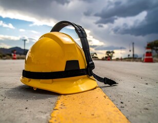 A yellow construction helmet resting on a road with cloudy sky