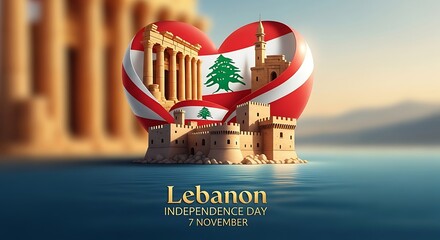 Lebanon Independence Day: Heart-Shaped Flag with Landmarks on Water