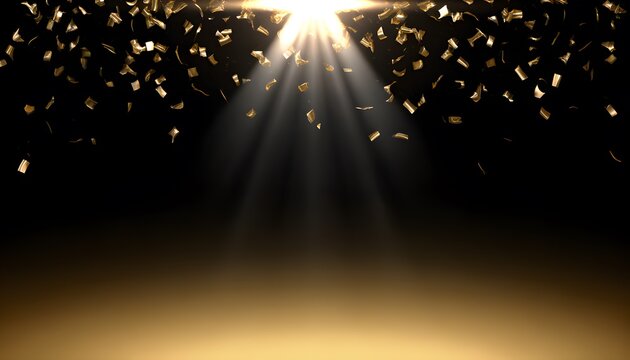 Golden Confetti Shower with Dramatic Light Rays in Dark Background for Celebration Events
