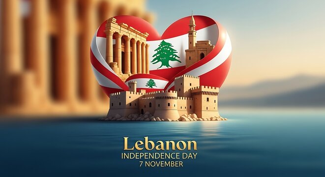 Lebanon Independence Day: Heart-Shaped Flag with Landmarks on Water