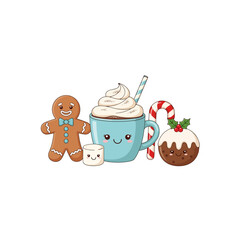 Cute Kawaii Christmas Treats and Drinks Collection Gingerbread Man Hot Chocolate Candy Cane Christmas Pudding