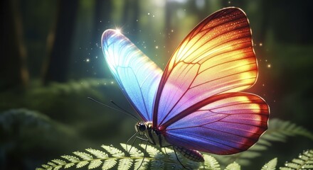 A vibrant, colorful butterfly with glowing iridescent wings sparkles on a dew-kissed fern in a magical, sunlit forest, creating an ethereal and enchanting natural scene.
