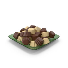 3D Render of Glass Plate Filled with Chocolate Candy Pieces