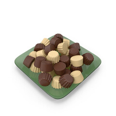 3D Render of Glass Plate Filled with Chocolate Candy Pieces
