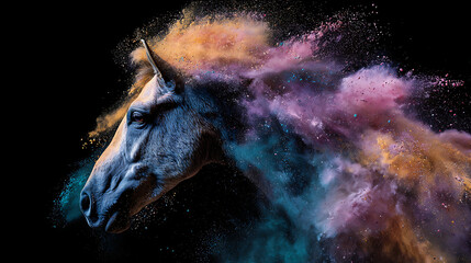 A dark backdrop features a unicorn head formed by colorful powder bursts luminous and surrealimagery