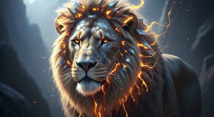 Majestic Elemental Lion with Fiery Mane and Crystalline Armor in a Mystical Landscape