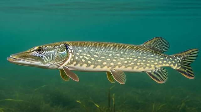 Northern Pike Fish Swimming Gracefully in Clear Lake Water.