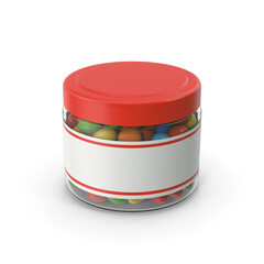 3D Render of colorful chocolate  coated Candy Jar with Red Lid on White