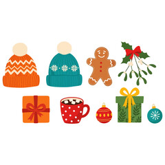 Christmas Winter Holiday Elements Collection Including Festive Hats, Gifts, Hot Drink, Gingerbread Man, and Ornaments
