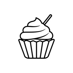 Stylized black and white outline icon of a cupcake with swirled frosting and a decorative stick inside a fluted paper liner