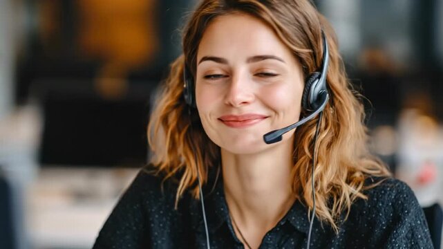 A friendly and professional young woman with warm, expressive features wears a headset with a microphone, actively engaging in a conversation or providing support. Her attentive gaze and subtle smile 