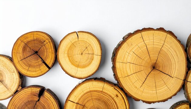 Different types of old wood logs set white Background