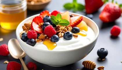 Healthy Breakfast Yogurt bowl with berries with granola, honey, and and mint on dark surface.