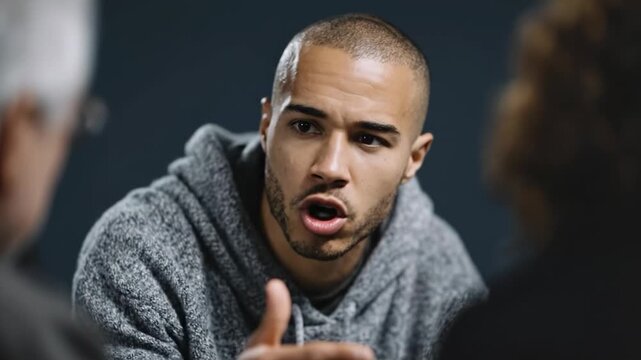 Two people deeply engaged in listening to a young man speaking, expressing thoughts and emotions with emphasis on gestures and facial expressions in a comfortable setting. Therapy, conversation