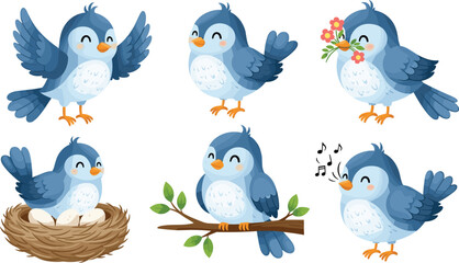 Cartoon blue birds, cute animals, bird nest, singing bird, flower beak, branch perch, vector clipart, children illustration, playful pose, nature