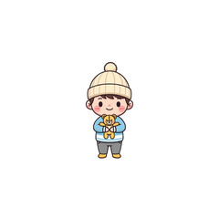 Cute Cartoon Boy Wearing a Winter Hat Holding a Teddy Bear a Cheerful Child Illustration for Kids and Winter Themes