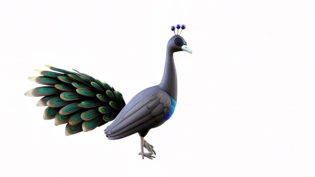 A stylized peacock with vibrant feathers displayed on one side against a plain background.
