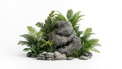 Obraz premium The image showcases a meticulously crafted composition, featuring a central arrangement of gray, weathered rocks, which are artfully interspersed with various lush green plants and foliage, set...