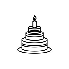 Simple line drawing of a multi-tiered birthday cake with a single lit candle on top, isolated on white background.