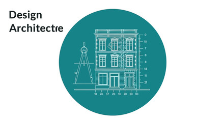 Architectural design blueprint illustration showing building facade and drafting tools vector graphic for construction and engineering projects