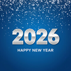 Happy New Year 2026 Silver Text with Snowflakes on Blue Background