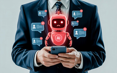 AI System Error Concept – Business Professional Holding Smartphone with Holographic Red Robot Showing Sad Face and Warning Alerts Representing AI Malfunction
