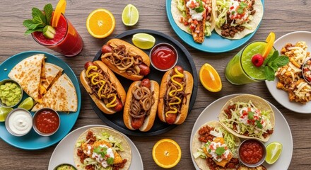 Top view of a variety of delicious mexican and american dishes on a wooden table