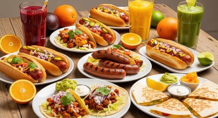 A variety of mexican and american dishes, including tacos, hotdogs, and quesadillas, on a table