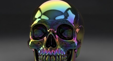 Vibrant Iridescent Human Skull Sculpture with Holographic Rainbow Colors on a Minimalist Grey Background, a Modern Artistic and Reflective Decor Piece with a Polished Metallic Finish