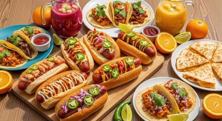 A variety of mexican and american dishes, including tacos, hotdogs, and quesadillas, on a table