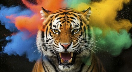 Powerful Roaring Tiger Amidst Dynamic Multicolored Powder Explosion - A Vibrant Fusion of Wildlife and Color Art