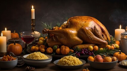 Thanksgiving feast with golden turkey surrounded by seasonal fruits and candles on a festive table Generative AI