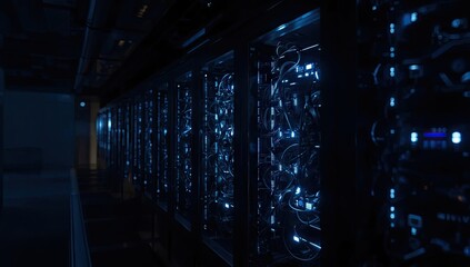 Server racks illuminated with vibrant blue lights fill a dimly lit, futuristic data center corridor, showcasing complex network connections and a sense of advanced technological infrastructure.