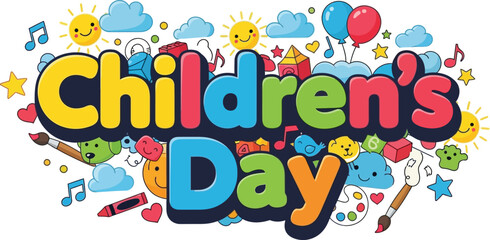 Vector art of colorful childrens day illustration with cartoon elements