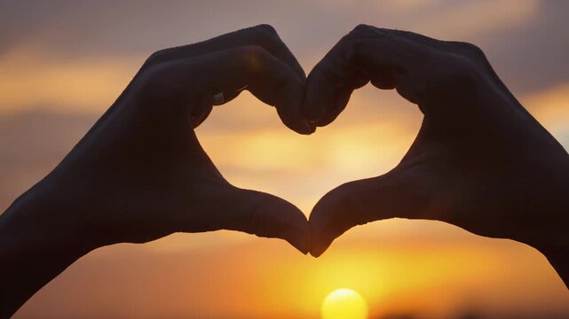 A close-up shot of two hands silhouetted against a breathtaking, vibrant sunset sky, gracefully forming a universal heart shape. The golden and orange hues of the setting sun create a warm, romantic, 