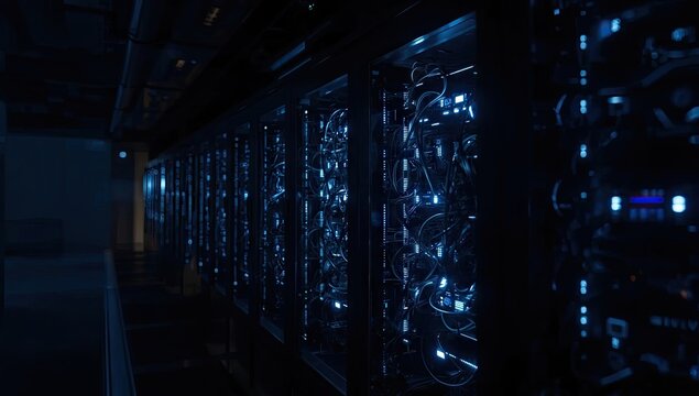 Server racks illuminated with vibrant blue lights fill a dimly lit, futuristic data center corridor, showcasing complex network connections and a sense of advanced technological infrastructure.