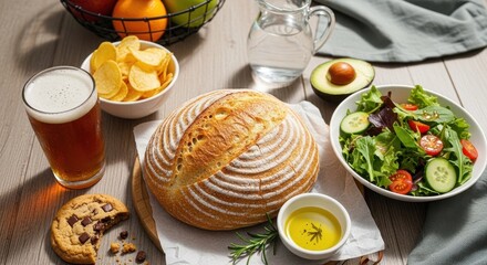 Delicious and healthy meal with beer, bread, salad, avocado, and chips on wooden table
