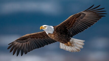 Majestic Bald Eagle Soaring Against a Clear Blue Sky Background