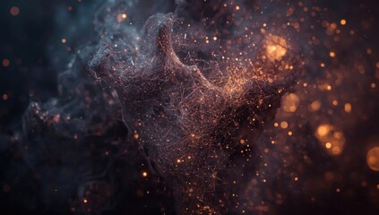 Mesmerizing digital art showcases an abstract composition of swirling, nebulous forms with a moody atmosphere, featuring a dark color palette accented by warm, glowing particles and delicate strands.