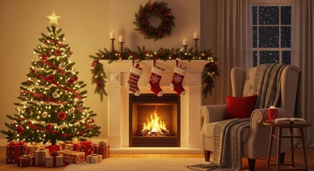 Cozy christmas living room with fireplace, christmas tree and decorations at night