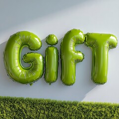 Sparkling green balloons spell out "GIFT" creating an eye catching celebratory announcement for any special occasion or promotion