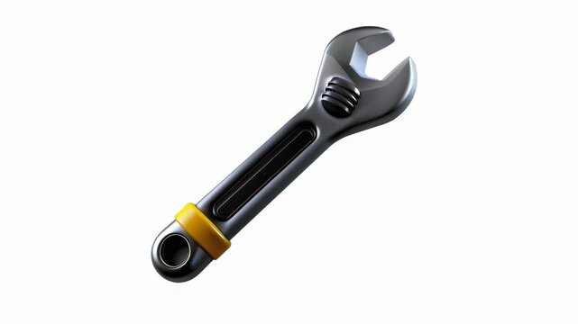 A 3D rendered adjustable wrench with a shiny silver finish and a yellow rubber grip.