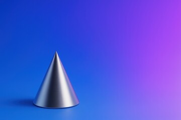 Fototapeta premium Metallic cone in lower left corner on smooth gradient background from cobalt blue to digital lilac clean modern 3D abstract composition with space for text futuristic minimal visual concept