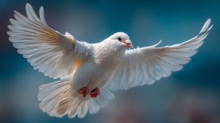 Obraz premium White Dove in Flight with Open Wings Against Soft Blue Background