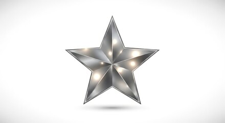 3D Metallic Silver Star with Warm Internal Lighting and Drop Shadow, Isolated on White