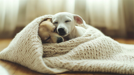 Obraz premium Cute dog wrapped in a soft beige blanket sleeping peacefully on a bed. Cozy domestic moment captured in warm natural light, suitable for pet care or comfort concepts.