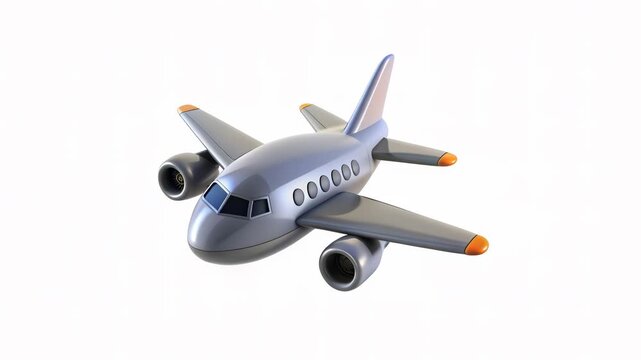 A sleek, silver airplane with orange tips flying against a white background.